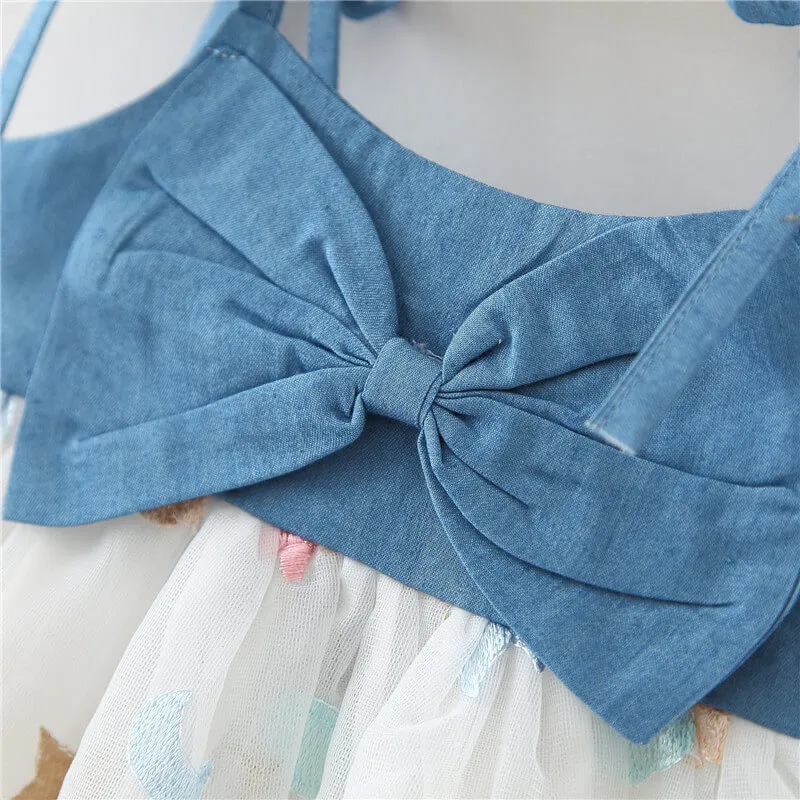 Bowknot Design Denim Mesh Dress with Hat